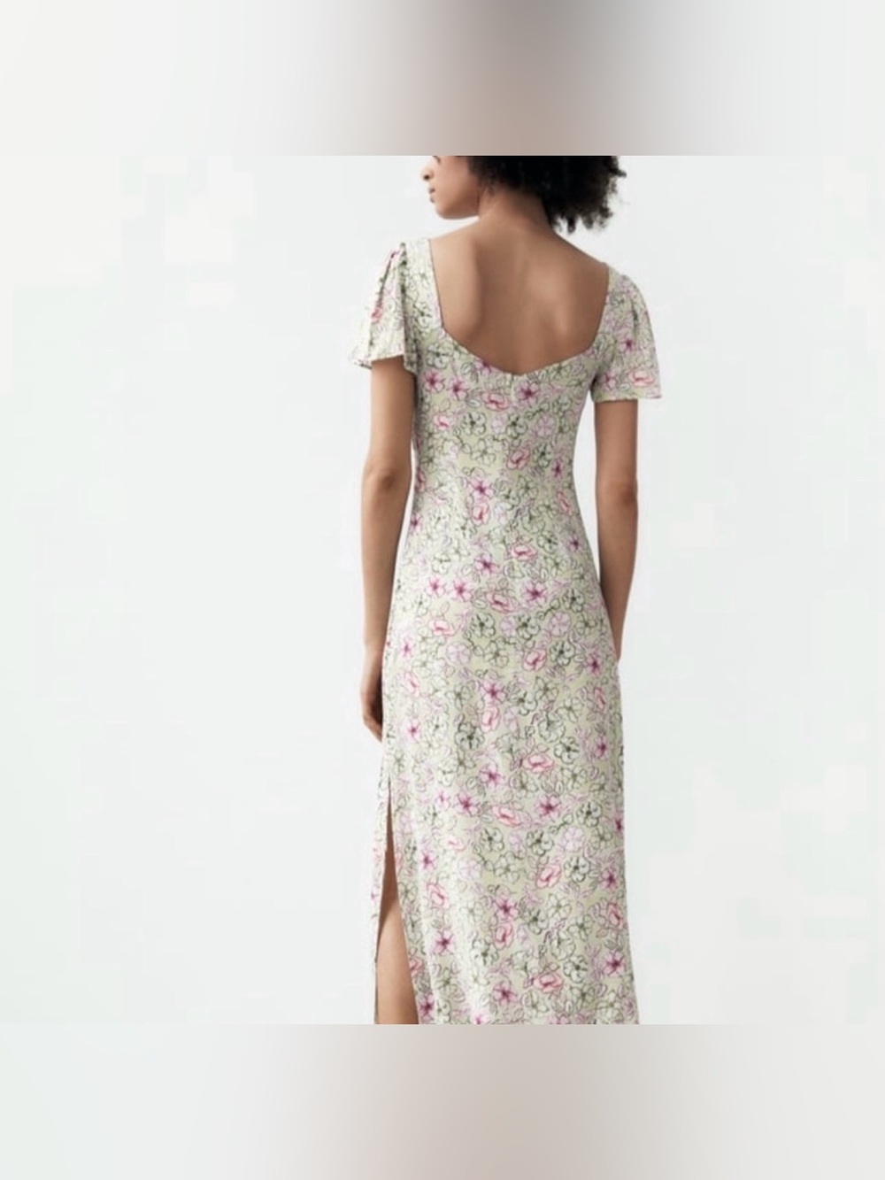 Zara size x small Floral Scoop-Back Midi Dress in Light Cream and Pink